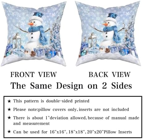 Giwawa Winter Blue Snowman Pillow Covers Set of 2, Xmas Tree Bird Present Snowflakes Decorative Square Pillow Cases, 16"x16" Soft Cotton Throw Cushion Covers for Sofa Porch Living Room