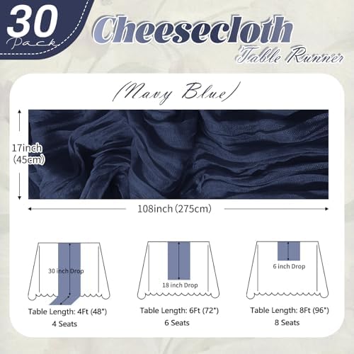 30 Pack Navy Blue Cheesecloth Table Runner 17 x 108 inch Cheese Cloth Table Runners 9ft Blue Table Runner Rustic Romantic Sheer Gauze Runner for Wedding Party Baby Shower Table Decoration