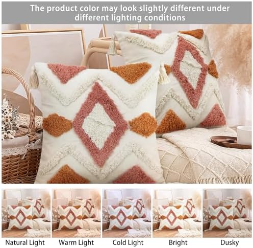 Merrycolor Boho Throw Pillow Covers 18x18, Decorative Pillow Covers with Tassels Woven Tufted Bohemian Pillow Covers for Couch Sofa Bedroom Living Room (Orange)