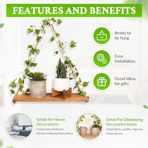 Hanging Shelves Set of 2- Macrame Shelf with Artificial Ivy Vines LED Light Warm White - Boho Shelves for Bedroom Bathroom Living Room - Rope Hanging Plant Shelf Wall Decor