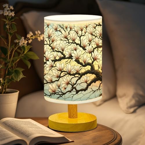 Magnolia Table Lamp LED 3-Color Pressed Bedside, Magnolia Shade Lamp with Wood Base for Bedroom Living Room Desk Office TL01