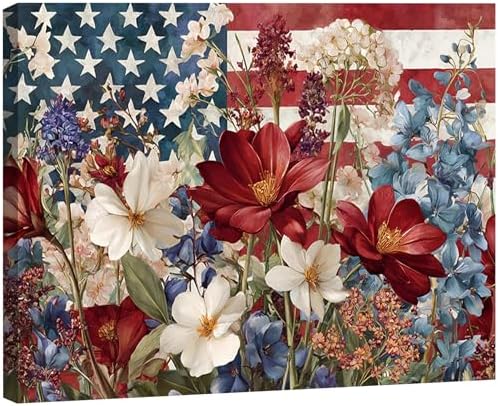 Patriotic Floral American Flag Framed Canvas Wall Art, 4th of July Wildflower Pictures, Independence Day Canvas Prints for Living Room, Bedroom, Kitchen, Farmhouse, Home Wall Decor