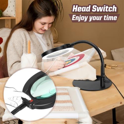 30X 10X Magnifying Glass with Light and Stand, 5 Color Modes Stepless Dimmable LED Lighted Desk Lamp, Hands Free Magnifier with Flexible Goose-Neck for Craft Hobby Painting Sewing Close Work - Black