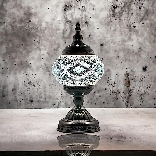 SILVERFEVER Handcrafted Mosaic Turkish Lamp Moroccan Glass Table Desk Bedside Light Bronze Base with E12 Bulb (Circkles)