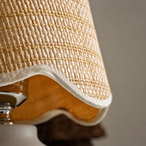 11" Small Mini Boho Table Lamp – Handmade Ceramic Cream Base with Scallop Woven Rattan Shade, Dimmable Plug-In Accent Light for Bedroom, Nightstand, Small Spaces, Kitchen Counter, Bookshelf
