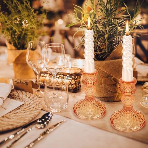 Glass Candle Holder, 2PCS Decorative Candle Sticks Pillar Candle Stand for Formal Events Wedding Party Table Centerpieces Home Decoration, Orange