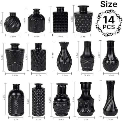 Black Glass Bud Vase Set of 14 Pcs,Small Bud Vases in Bulk,Glass Crystal Flower Vases Table Centerpieces for Party Event Wedding Decor Baby Shower Decorations (Classic Black, 14 Pcs)