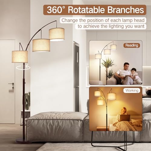 OUTON Tall Arc Floor Lamp - Adjustable, Modern, 3-Light Arched Lamp for Bedroom, Office, and Living Room, 2400lm Mid Century Design with 3 Energy-Efficient LED Bulbs Included, Beige Lampshade