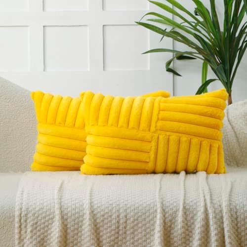 All Smiles Yellow Faux Fur Decorative Throw Pillow Covers 12x20 Set of 2