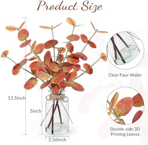 Bessol Fall Artificial Eucalyptus Stems in Glass Vase with Faux Water 14" Autumn Eucalyptus Branches Fall Home Table Decor Fake Fall Plants Stems for Farmhouse Kitchen Bathroom Decorations