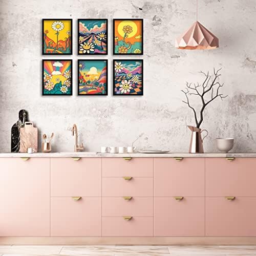 Hippie Wall Art Retro Wall Decor Prints Set of 6 Hippie Flower Canvas 60s 70s Vintage Posters Abstract Minimalist Inspirational Happy Face,Good day,Earth Day Photos Boho Positive Pictures for Living