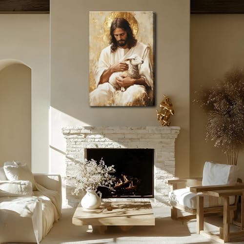 Jesus and Lamb Canvas Wall Art Jesus Saves the Lost Lamb Pictures Wall Decor God Leaving 99 Sheep Poster Prints Christian Religious Painting Artwork for Living Room Bedroom Church 12x16 Inch
