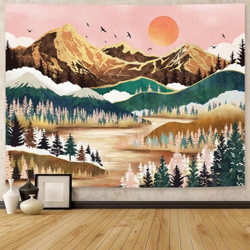 Neasow Mountain Tapestry, Nature Forest Tree Lake Landscape Tapestries SunSet Orange and Green Wall Decor for Home Bedroom 60×80 inch