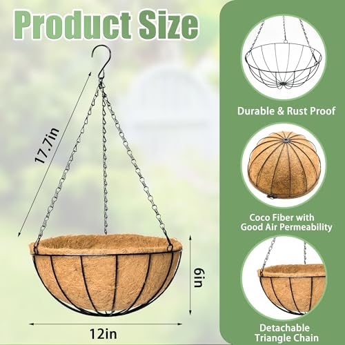 2 Pack 12 Inch Hanging Baskets for Plants Outdoor Metal Hanging Planters Round Hanging Flower Pots with Coco Coir Liner Plant Holder for Outdoor Patio Garden Balcony Decor - Watermelon