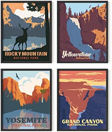 HAUS AND HUES Vintage National Parks Poster Set – 4 National Park Prints, Abstract Mountain and Nature Wall Art, Landscape Posters for Home or Office (Unframed, 8"x10")