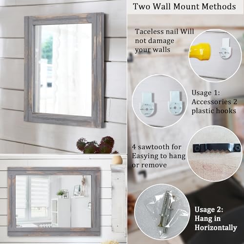 AAZZKANG Wood Framed Mirror Rectangular Rustic Wall Mirrors Decorative Large 20"x16" for Farmhouse Bathroom Living Room Bedroom Grey