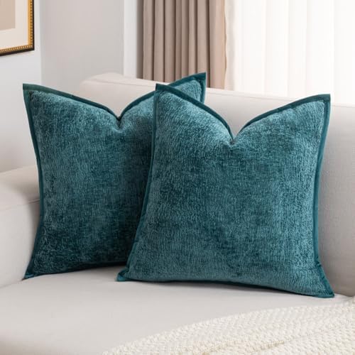 FUTEI Pack of 2 Chenille Soft Throw Pillow Covers 24x24 Inch, Teal