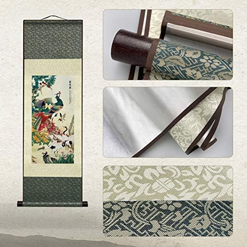 AtfArt Asian Wall Decor Beautiful Silk Scroll Painting Birds - A Hundred Birds Respect The Phoenix Oriental Decor Chinese Art Wall Scroll Wall Hanging Painting Scroll (36.2 x 12 in)