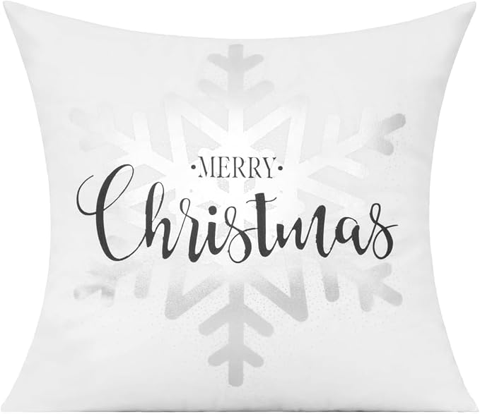 All Smiles White Silver Christmas Throw Pillow Covers Cases 16X16 Set of 4 Winter Xmas Navidad Decorations Indoor Home Holiday Décor Ornaments Velvet Cushion for Sofa Tree Snowflake Reindeer