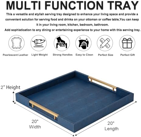 Navy Blue Faux Leather Large Square Decorative Serving Tray with Handles – for Coffee Table, Ottoman, Living Room, Bathroom & Home Decor