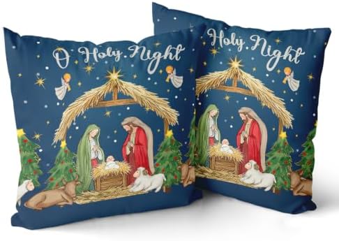 Giwawa Christmas Pillow Covers Pack of 2 18x18 Inch O Holy Night Jesus Nativity Decorative Throw Pillow Cases Xmas Blue Winter Holiday Cotton Soft Cushion Covers for Sofa Couch Patio Season