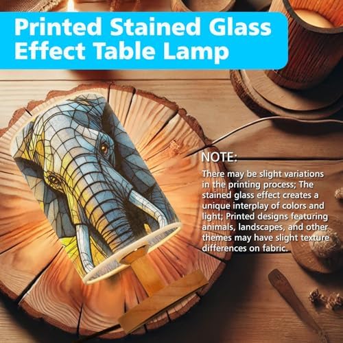 Elephant Table Lamp LED 3-Color Pressed Bedside, Elephant Shade Lamp with Wood Base for Bedroom Living Room Desk Office TL01