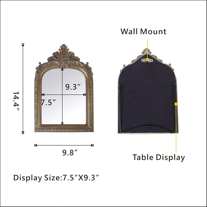Bronze Vintage Vanity Desk Makeup Mirror Antique Decorative Wall Mirror,Resin Carved Arched Mirror for Living Room,Bedroom Dresser,Home Decor ﻿ (Large)