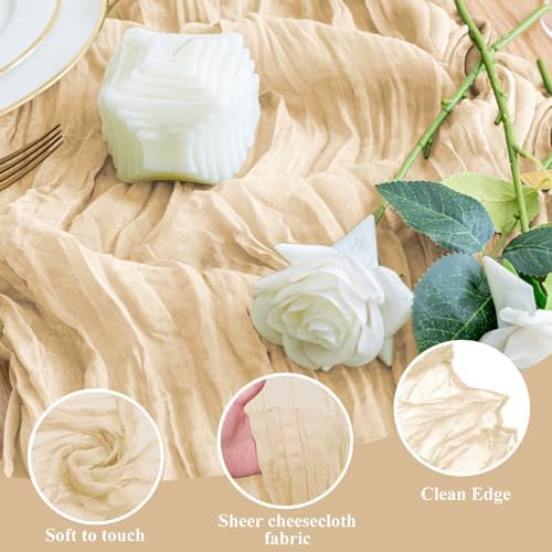 Wokceer Cheesecloth Table Runner Sand 10FT Boho Gauze Runner, 6 Pack