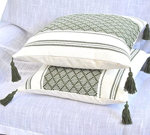 16x16 inch Boho Pillow Covers Indoor/Outdoor Olive Green - Set of 2 / Decorative Checkered Geometric Cushion Covers/Farmhouse Designer Woven Pillowcases/Modern Accent Cushion Covers