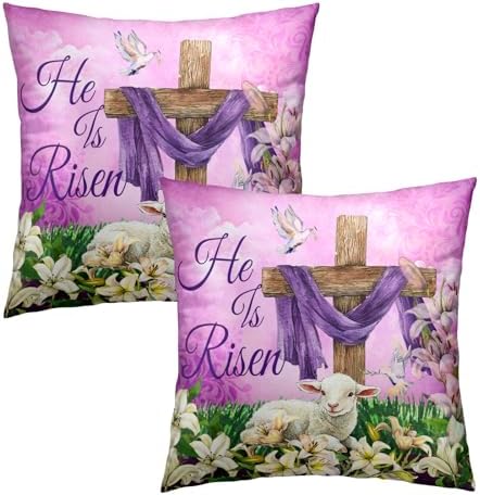 He is Risen Cross Christian Throw Pillow Covers 24''x24'' Set of 2 Easter Spring Pillowcase Religious Lily Floral Lamb Cotton Square Cushion Case Happy Holiday Pillows Protector for Home Sofa
