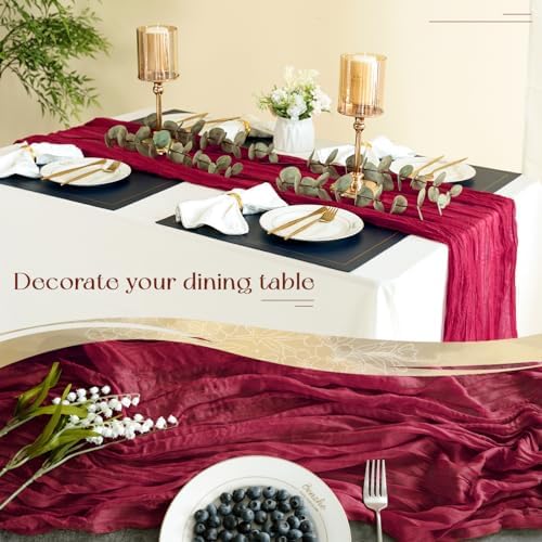 Sioloc Burgundy Red Cheesecloth Table Runner Fall Autumn Decor for Home 10ft Table Cloth for Wedding Birthday Party Bridal Shower Christmas Halloween Thanksgiving