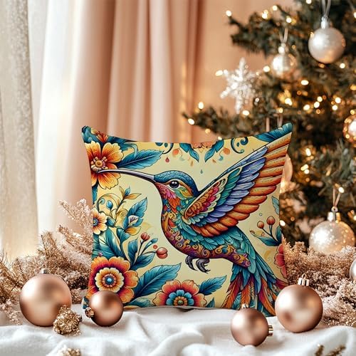 Gorgeous Hummingbird Pillow Covers 18x18, Bird Decor for Home, Colorful Fantastic Humming Bird Wildflower Decorative Throw Pillow Covers, Hummingbird Gifts for Women