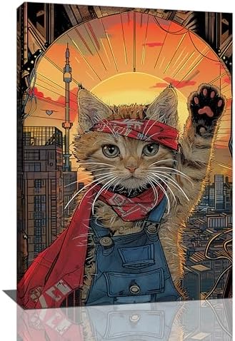 Crekviy Funny Cat Decor Wall Art Superhero Portrait Pictures Cute Kitten Canvas Prints Painting Artwork Decorations for Bathroom Bedroom Living Room Framed Kids Gifts for Cat Lover 16"x24"