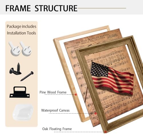 American Flag Framed Canvas Wall Art, 4th of July Patriotic Canvas Prints | Sheet Music Poster Print, Vintage Independence Day Wall Decor for Bedroom Living Room Office 20×24in