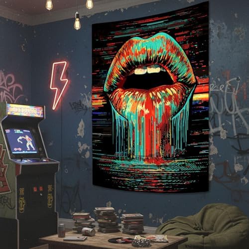 Neasow Hippie Vintage Lips Tapestry, Aesthetic Grunge Decor, Abstract Unique Wall Hanging for Bedroom Dorm Living Room, 60x80 inches