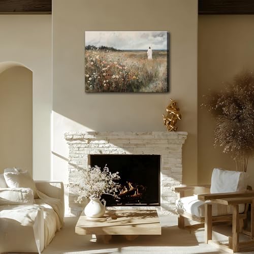 KYHDCJUB Jesus Leaves the 99 Sheep Wall Art Jesus Wall Art Christian Canvas Painting Religious Faith Picture Prints Christian Wildflowers Artwork for Living Room Bedroom Church 16x24 Inch