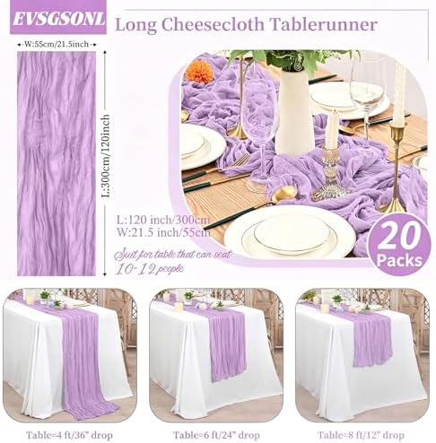 20 Pack Light Purple Cheesecloth Table Runner Long,21.5 x 120 Inch