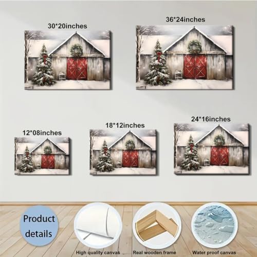 Vintage Christmas Barn Wall Art 20x30inch, Retro Winter Snow Landscape Holiday Xmas Artwork Poster Framed Christmas Tree Wall Decor for Home Farmhouse Bedroom Gallery Decorations