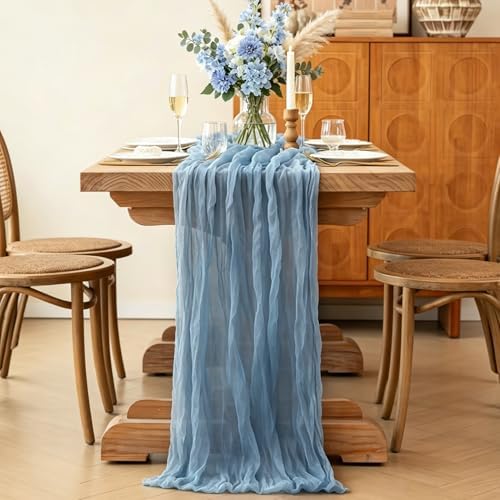 Dust Blue Cheesecloth Table Runner, 10FT Rustic Blue Boho Gauze Table Runner for Wedding Bridal Shower Baby Shower Birthday Tea Party Decorations