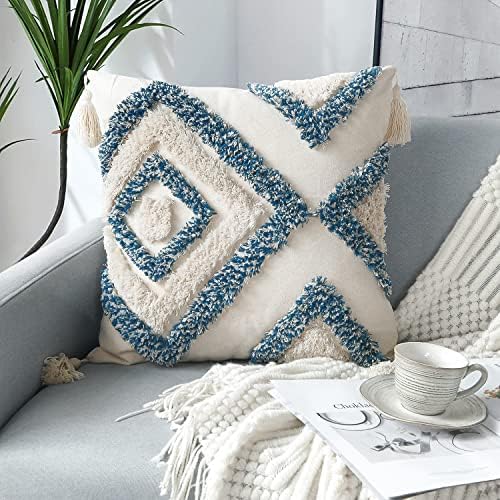 JASEN Blue and Beige Boho Decorative Throw Pillow Cover, Woven Tufted Pillow Cover with Tassels Diamond Pattern Pillow Covers 18x18 for Couch Sofa Bedroom Living Room(No Pillow Insert
