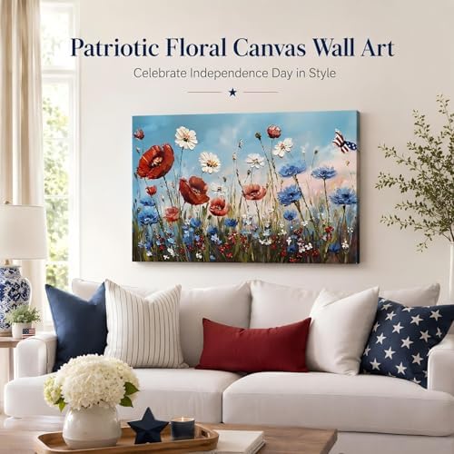 Patriotic Red White Blue Wildflower Wall Art, 4th of July Floral Canvas Prints, Framed Independence Day Wall Decor, American Flag Butterfly Artwork for Bedroom Office, Made in USA