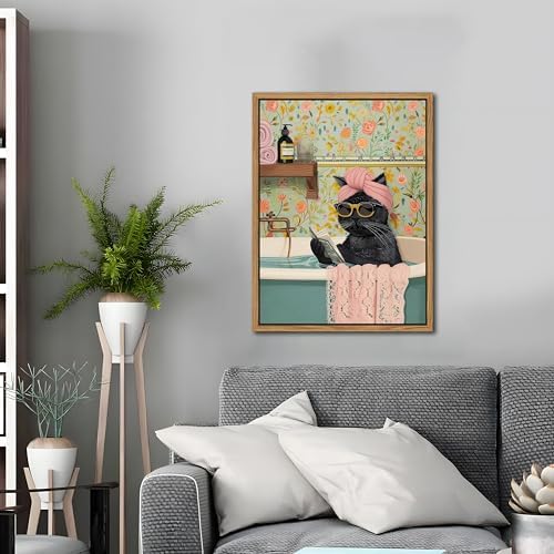 Floating Framed Bathroom Cat Canvas Wall Art, Funny Black Cat Reading Wall Decor, Cute Animal Prints Pictures Posters for Living Room Bedroom Toilet Kids Room Paintings 16x24 inch