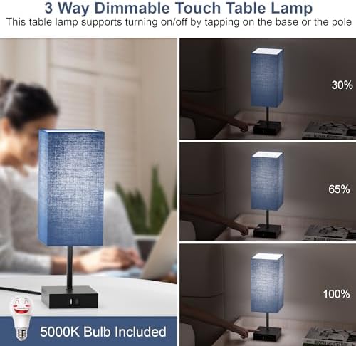 Bedside Table Lamp for Bedroom with 2USB Ports, 14-Inch, NavyBlue