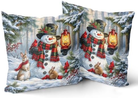 Giwawa 2PCs Snowman Throw Pillow Covers, 20"x20" Winter Snowy Trees Red Birds Rabbits Decorative Cotton Pillow Cases, Rustic Xmas Square Cushion Cover for Sofa Couch Living Room Holiday