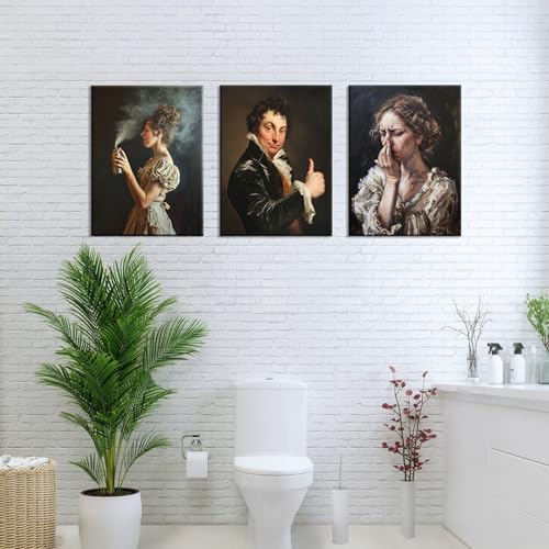 PAINURA Funny Bathroom Wall Art Set of 3 Canvas Prints Black Retro Vintage Waterproof Perfect for Bathroom Kitchen Living Room Bedroom Office,Hotel Restaurant Bar (16" L X 12" W, Wrapped Canvas)