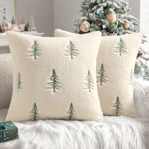 MIULEE Christmas Decorative Faux Fur Pillow Covers 20x20 Inch Beige Green