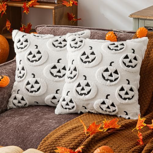 White Halloween Pumpkin Fall Throw Pillow Covers 18"x18" Set of 2 Soft Faux Fur Ghost Pillow Covers for Couch Sofa Bed, Cute Autumn Farmhouse Cushion Case for Holiday Home Living Room Decor