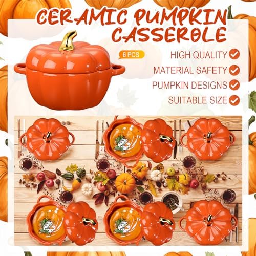 Yaomiao 6 Pcs Pumpkin Ceramic Bowl 15 oz Pumpkin Soup Bowl Pumpkin Shape Storage Jar with Lid and Handles for Home Halloween Party Kitchen Tableware(Orange)