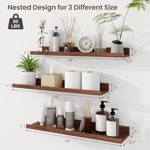 Axeman Picture Ledge Shelf, 24 Inch Walnut Floating Shelves Set of 3