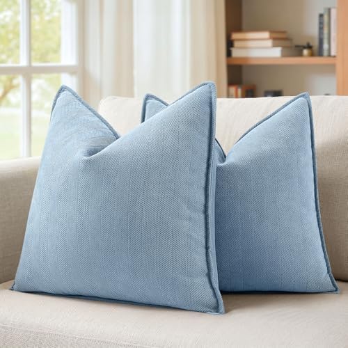 MIULEE Pack of 2 Light Blue Euro Shams Chenille Pillow Covers 22x22 Inch